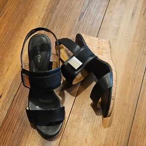 Calvin Klein Black and Tan Wedge Sandals